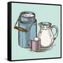 Vector Image of a Milk Canister, a Jug for Milk and a Cup. Depiction in the Style of Engraving.-tutsi-Framed Stretched Canvas