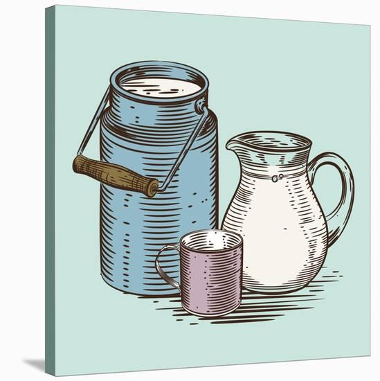 Vector Image of a Milk Canister, a Jug for Milk and a Cup. Depiction in the Style of Engraving.-tutsi-Stretched Canvas