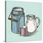 Vector Image of a Milk Canister, a Jug for Milk and a Cup. Depiction in the Style of Engraving.-tutsi-Stretched Canvas
