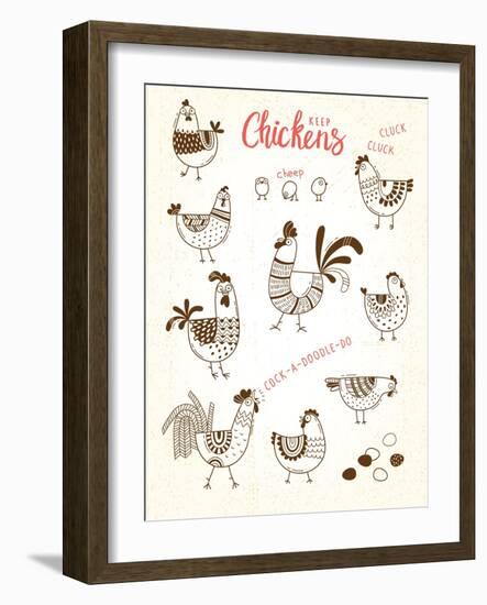 Vector Images of Chickens, Hens, Cocks, Eggs in Cartoon Style, Line Art. Elements for Design Cover-Baksiabat-Framed Art Print