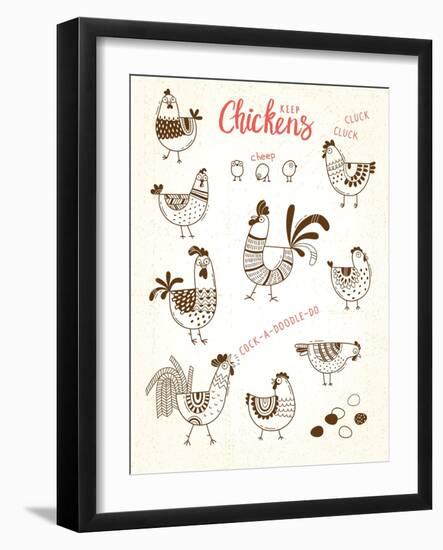 Vector Images of Chickens, Hens, Cocks, Eggs in Cartoon Style, Line Art. Elements for Design Cover-Baksiabat-Framed Art Print