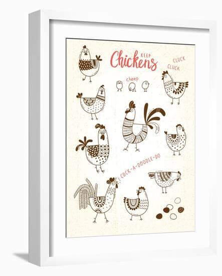 Vector Images of Chickens, Hens, Cocks, Eggs in Cartoon Style, Line Art. Elements for Design Cover-Baksiabat-Framed Art Print