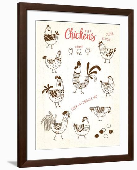 Vector Images of Chickens, Hens, Cocks, Eggs in Cartoon Style, Line Art. Elements for Design Cover-Baksiabat-Framed Art Print