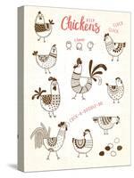 Vector Images of Chickens, Hens, Cocks, Eggs in Cartoon Style, Line Art. Elements for Design Cover-Baksiabat-Stretched Canvas