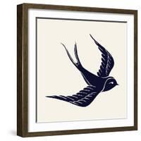 Vector Ink Pen Hand Drawn Flying Swallow Silhouette Illustration with Vintage Feel | Flying Swallow-Mascha Tace-Framed Art Print