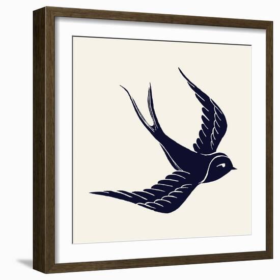 Vector Ink Pen Hand Drawn Flying Swallow Silhouette Illustration with Vintage Feel | Flying Swallow-Mascha Tace-Framed Art Print