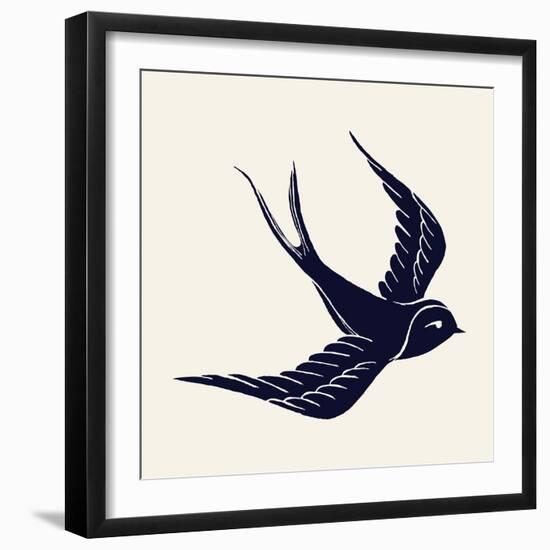 Vector Ink Pen Hand Drawn Flying Swallow Silhouette Illustration with Vintage Feel | Flying Swallow-Mascha Tace-Framed Art Print