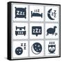 Vector Isolated Sleep Concept Icons Set: Pillow, Bed, Moon, Sheep, Owl, Zzz-GreyJ-Framed Stretched Canvas