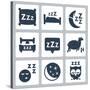 Vector Isolated Sleep Concept Icons Set: Pillow, Bed, Moon, Sheep, Owl, Zzz-GreyJ-Stretched Canvas