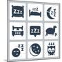 Vector Isolated Sleep Concept Icons Set: Pillow, Bed, Moon, Sheep, Owl, Zzz-GreyJ-Mounted Art Print