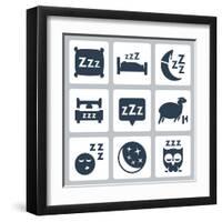 Vector Isolated Sleep Concept Icons Set: Pillow, Bed, Moon, Sheep, Owl, Zzz-GreyJ-Framed Art Print