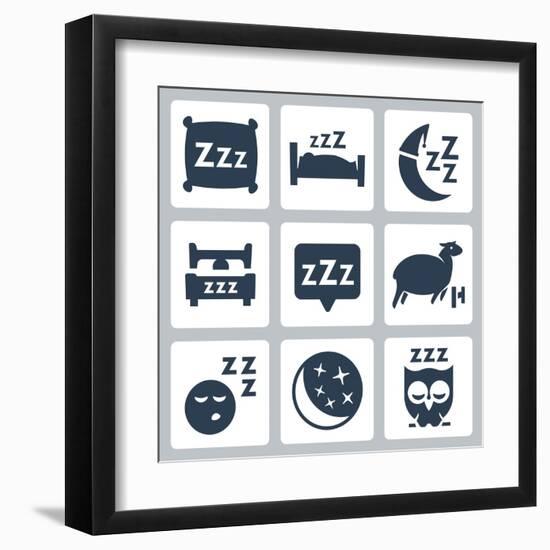 Vector Isolated Sleep Concept Icons Set: Pillow, Bed, Moon, Sheep, Owl, Zzz-GreyJ-Framed Art Print