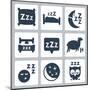 Vector Isolated Sleep Concept Icons Set: Pillow, Bed, Moon, Sheep, Owl, Zzz-GreyJ-Mounted Art Print