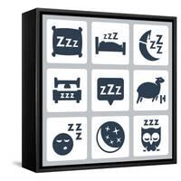 Vector Isolated Sleep Concept Icons Set: Pillow, Bed, Moon, Sheep, Owl, Zzz-GreyJ-Framed Stretched Canvas