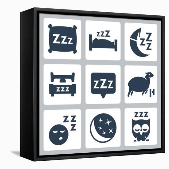 Vector Isolated Sleep Concept Icons Set: Pillow, Bed, Moon, Sheep, Owl, Zzz-GreyJ-Framed Stretched Canvas