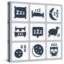 Vector Isolated Sleep Concept Icons Set: Pillow, Bed, Moon, Sheep, Owl, Zzz-GreyJ-Stretched Canvas