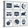 Vector Isolated Sleep Concept Icons Set: Pillow, Bed, Moon, Sheep, Owl, Zzz-GreyJ-Stretched Canvas