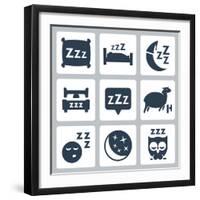 Vector Isolated Sleep Concept Icons Set: Pillow, Bed, Moon, Sheep, Owl, Zzz-GreyJ-Framed Art Print