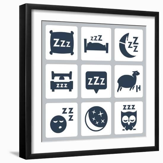 Vector Isolated Sleep Concept Icons Set: Pillow, Bed, Moon, Sheep, Owl, Zzz-GreyJ-Framed Art Print