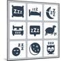 Vector Isolated Sleep Concept Icons Set: Pillow, Bed, Moon, Sheep, Owl, Zzz-GreyJ-Mounted Art Print