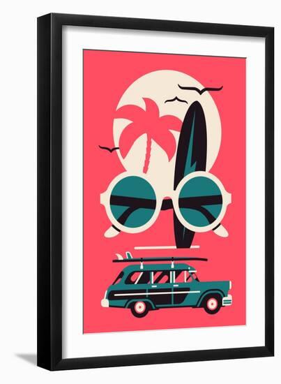 Vector Modern Flat Wall Art Poster Design on Hot Summer Vacation, Beach Recreation, Water Activitie-Mascha Tace-Framed Art Print