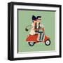 Vector Modern Icon on Hipster Young Man and Woman Couple Characters Riding Fast Retro Scooter Weari-Mascha Tace-Framed Art Print