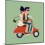 Vector Modern Icon on Hipster Young Man and Woman Couple Characters Riding Fast Retro Scooter Weari-Mascha Tace-Mounted Art Print