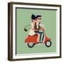 Vector Modern Icon on Hipster Young Man and Woman Couple Characters Riding Fast Retro Scooter Weari-Mascha Tace-Framed Art Print