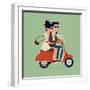 Vector Modern Icon on Hipster Young Man and Woman Couple Characters Riding Fast Retro Scooter Weari-Mascha Tace-Framed Art Print