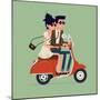 Vector Modern Icon on Hipster Young Man and Woman Couple Characters Riding Fast Retro Scooter Weari-Mascha Tace-Mounted Art Print