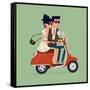 Vector Modern Icon on Hipster Young Man and Woman Couple Characters Riding Fast Retro Scooter Weari-Mascha Tace-Framed Stretched Canvas