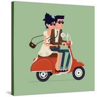 Vector Modern Icon on Hipster Young Man and Woman Couple Characters Riding Fast Retro Scooter Weari-Mascha Tace-Stretched Canvas