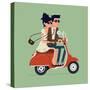 Vector Modern Icon on Hipster Young Man and Woman Couple Characters Riding Fast Retro Scooter Weari-Mascha Tace-Stretched Canvas