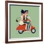 Vector Modern Icon on Hipster Young Man and Woman Couple Characters Riding Fast Retro Scooter Weari-Mascha Tace-Framed Art Print