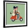 Vector Modern Icon on Hipster Young Man and Woman Couple Characters Riding Fast Retro Scooter Weari-Mascha Tace-Framed Art Print
