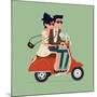 Vector Modern Icon on Hipster Young Man and Woman Couple Characters Riding Fast Retro Scooter Weari-Mascha Tace-Mounted Art Print