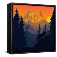 Vector Mountains Evening Landscape with Puma and Goat-SaveJungle-Framed Stretched Canvas