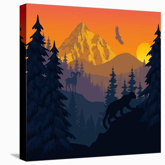Vector Mountains Evening Landscape with Puma and Goat-SaveJungle-Stretched Canvas