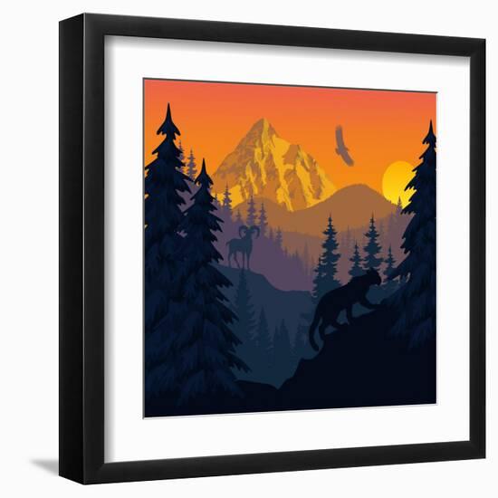 Vector Mountains Evening Landscape with Puma and Goat-SaveJungle-Framed Art Print