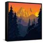 Vector Mountains Evening Landscape with Puma and Goat-SaveJungle-Framed Stretched Canvas