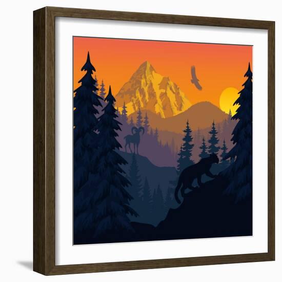 Vector Mountains Evening Landscape with Puma and Goat-SaveJungle-Framed Art Print