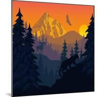 Vector Mountains Evening Landscape with Puma and Goat-SaveJungle-Mounted Art Print