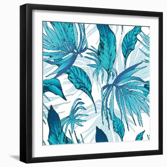 Vector Natural Vintage Seamless Exotic Pattern with Tropical Leaves, Botanical Illustration on Whit-Varvara Kurakina-Framed Art Print