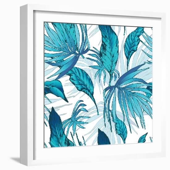 Vector Natural Vintage Seamless Exotic Pattern with Tropical Leaves, Botanical Illustration on Whit-Varvara Kurakina-Framed Art Print