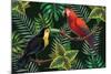 Vector Painting with Tropical Birds and Plants on Dark Background. Eps8 File.-JuliaL-Mounted Art Print