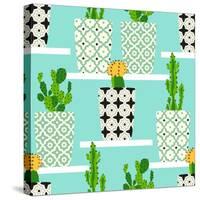 Vector Pattern with Cacti. Cute Cactus Flowers in Ornamental Pots. Hand Drawing Illustration.-lilalove-Stretched Canvas