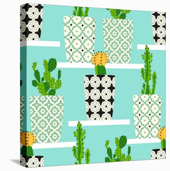 Vector Pattern with Cacti. Cute Cactus Flowers in Ornamental Pots. Hand Drawing Illustration.-lilalove-Stretched Canvas