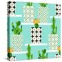Vector Pattern with Cacti. Cute Cactus Flowers in Ornamental Pots. Hand Drawing Illustration.-lilalove-Stretched Canvas