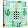 Vector Pattern with Cacti. Cute Cactus Flowers in Ornamental Pots. Hand Drawing Illustration.-lilalove-Stretched Canvas