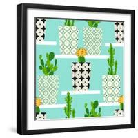 Vector Pattern with Cacti. Cute Cactus Flowers in Ornamental Pots. Hand Drawing Illustration.-lilalove-Framed Art Print